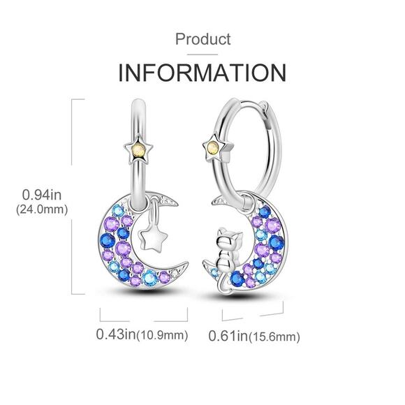 Cat Moon Pendant Hoop Earrings Multi-Colored CZ Stones‎ S925 Sterling Sil… - Picture 4 of 4